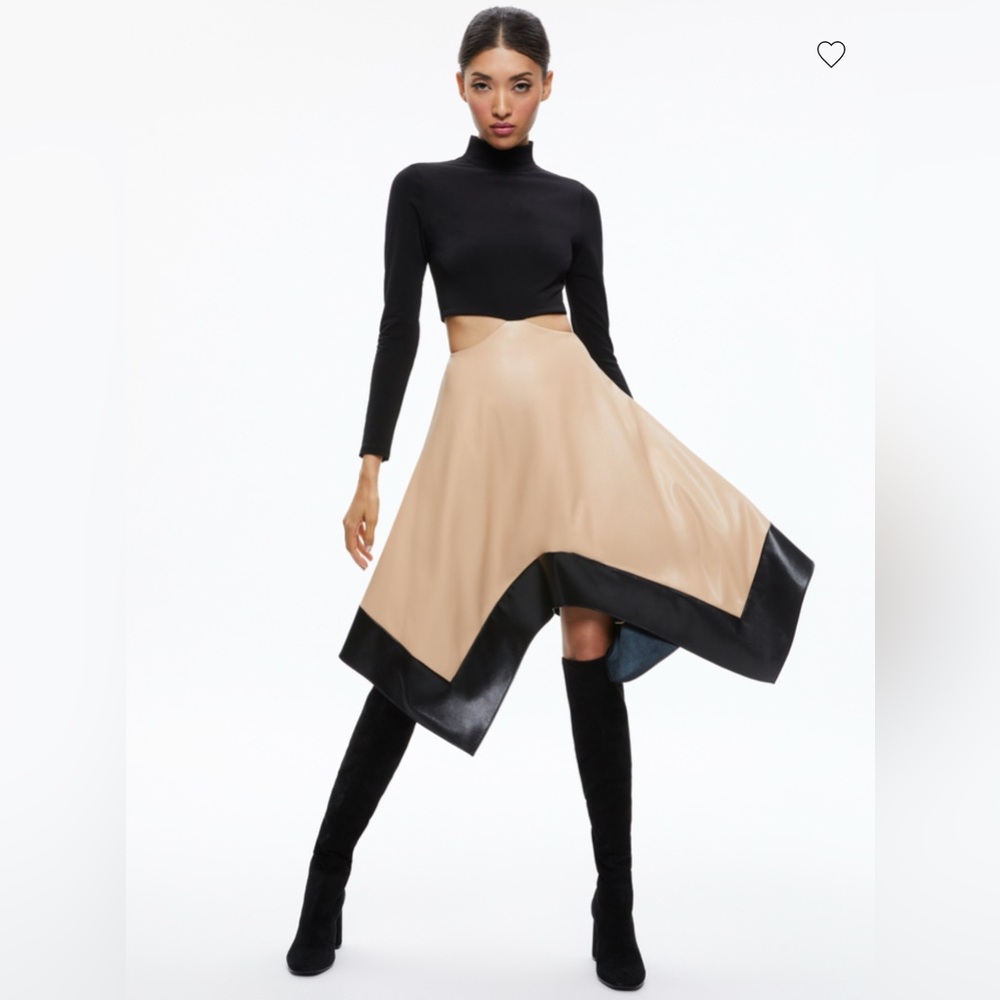 NWT ALICE + OLIVIA Temika Cut-out Faux Leather bottom midi dress 6 ASO